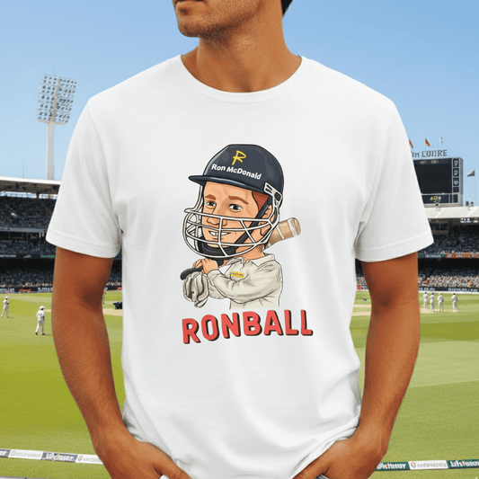 Ronball t-shirt with cartoon of Australian cricket coach Andrew McDonald