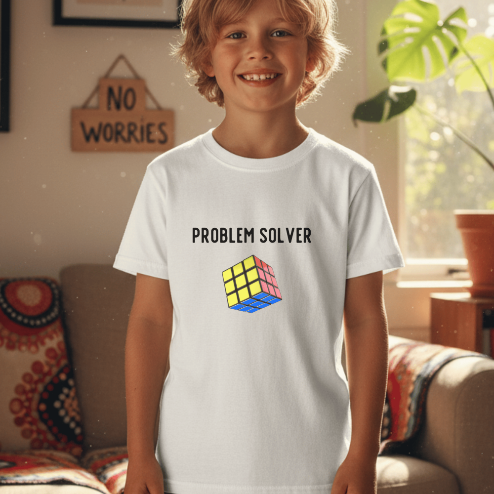 Child wearing a white t-shirt with a Rubik's Cube design and 'Problem Solver' text in a cozy living room.