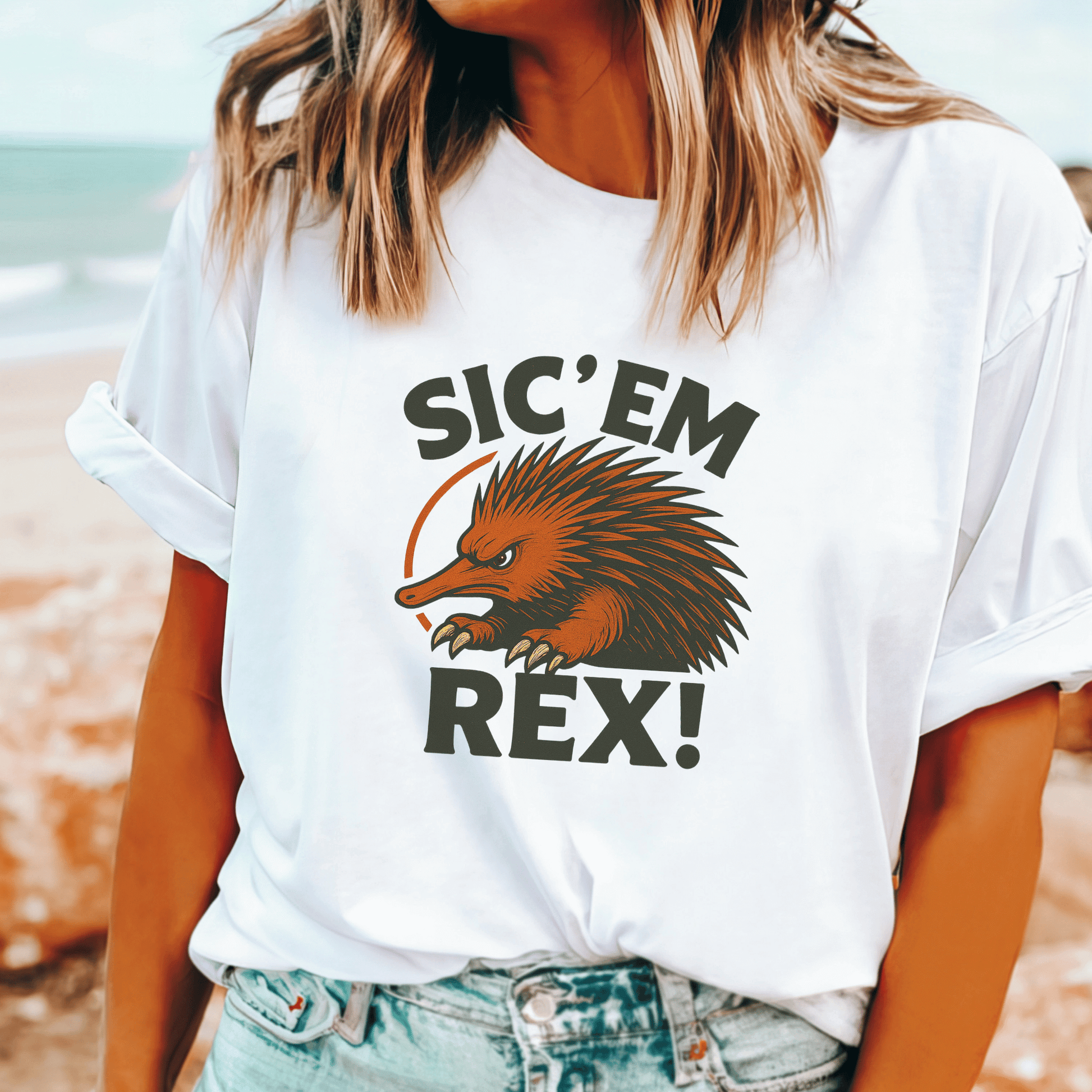 Sic ’Em Rex! echidna t-shirt inspired by the 80s Antz Pantz ad, perfect for Aussie nostalgia and costume parties.