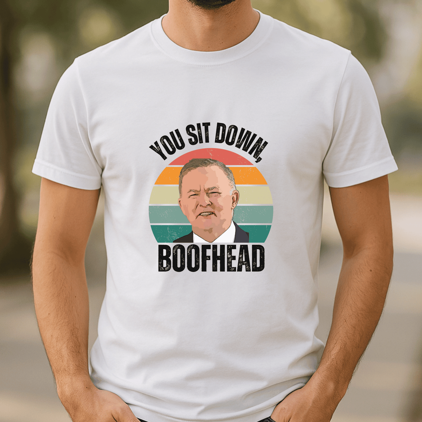 Aussie humour t-shirt featuring Albo and the phrase “Sit Down Boofhead” — made for cheeky voters.