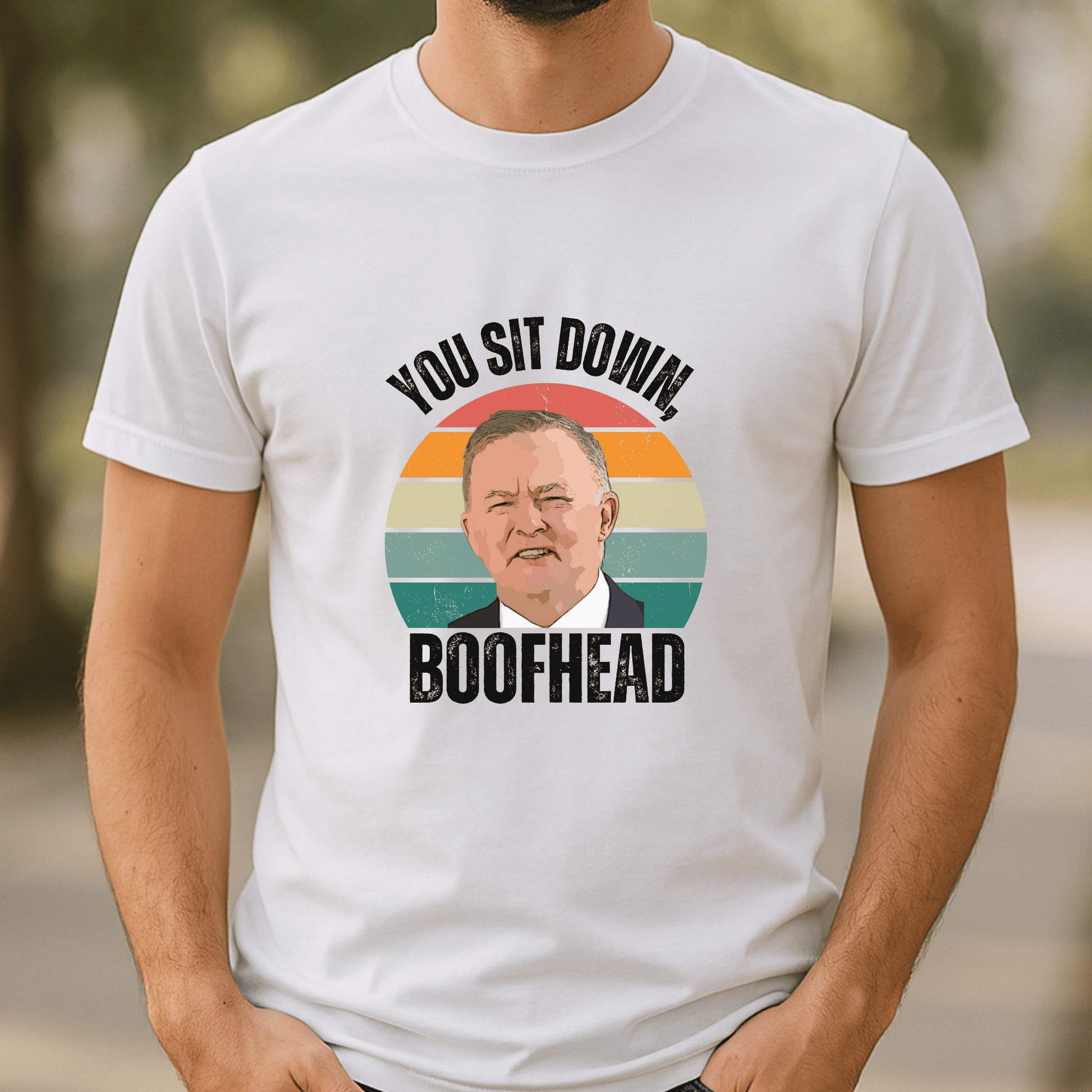 Aussie humour t-shirt featuring Albo and the phrase “Sit Down Boofhead” — made for cheeky voters.