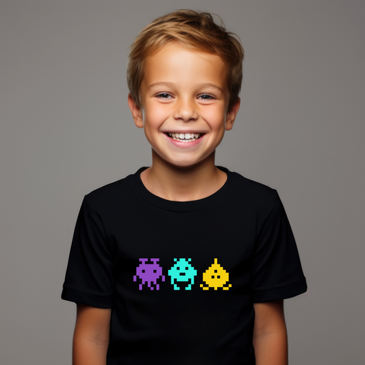 Kids Space Invaders t-shirt with retro gaming icons
