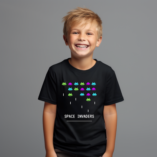 Kids Space Invaders t-shirt with classic arcade alien graphics