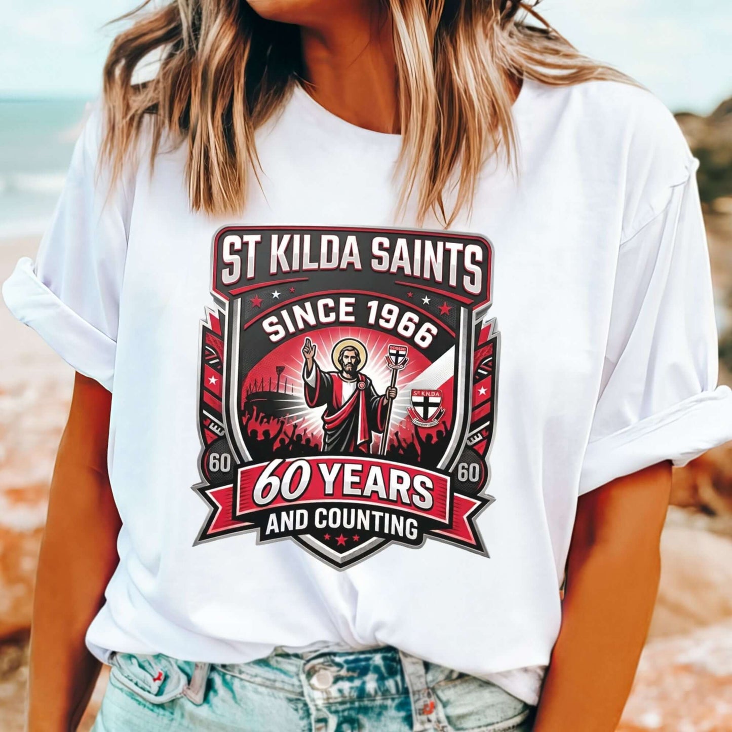 Funny St Kilda Saints 60 Years and Counting white T-shirt marking 60 years since last premiership
