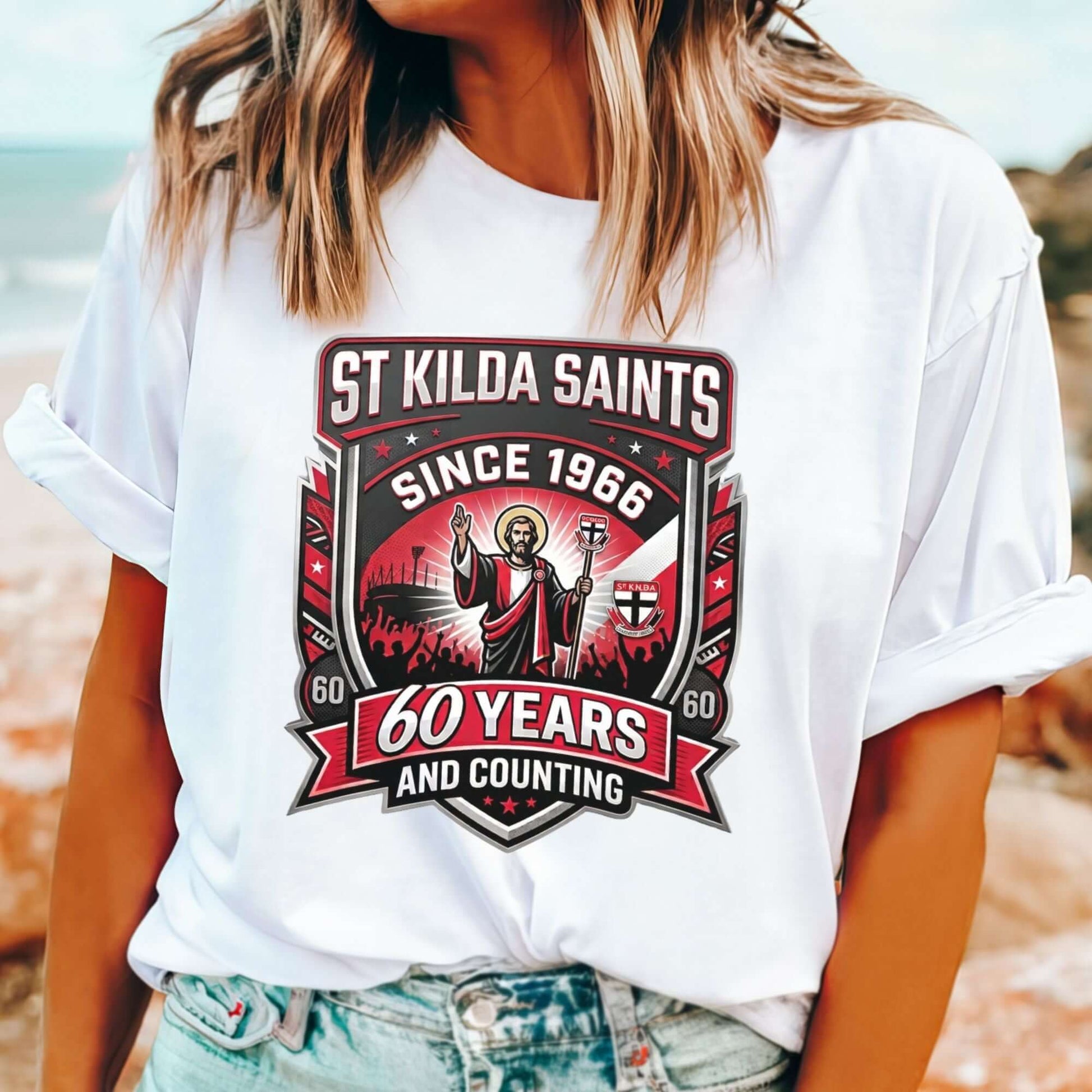 Funny St Kilda Saints 60 Years and Counting white T-shirt marking 60 years since last premiership