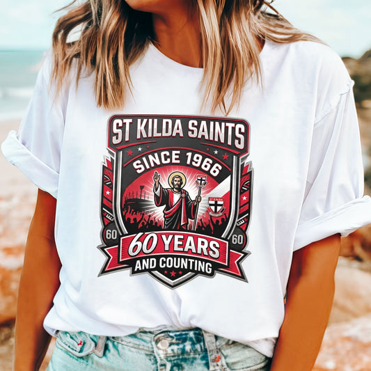 Funny St Kilda Saints 60 Years and Counting white T-shirt marking 60 years since last premiership