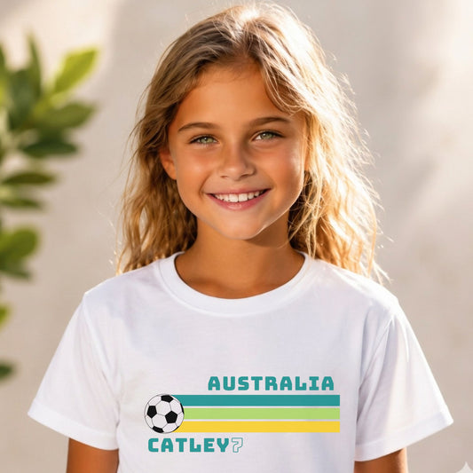 Kids Matildas retro t-shirt with Steph Catley name and number 7 in green and gold