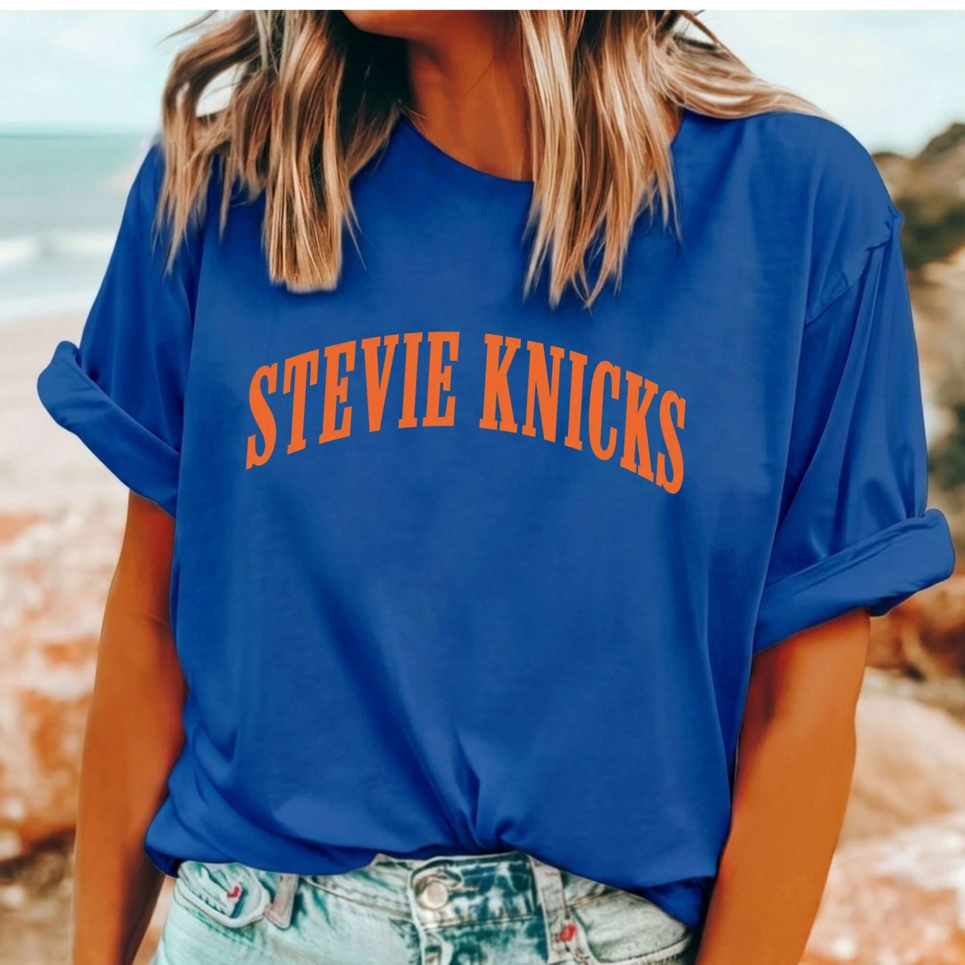 Stevie Knicks t-shirt inspired by Taylor Swift featuring a clever New York basketball fan design.