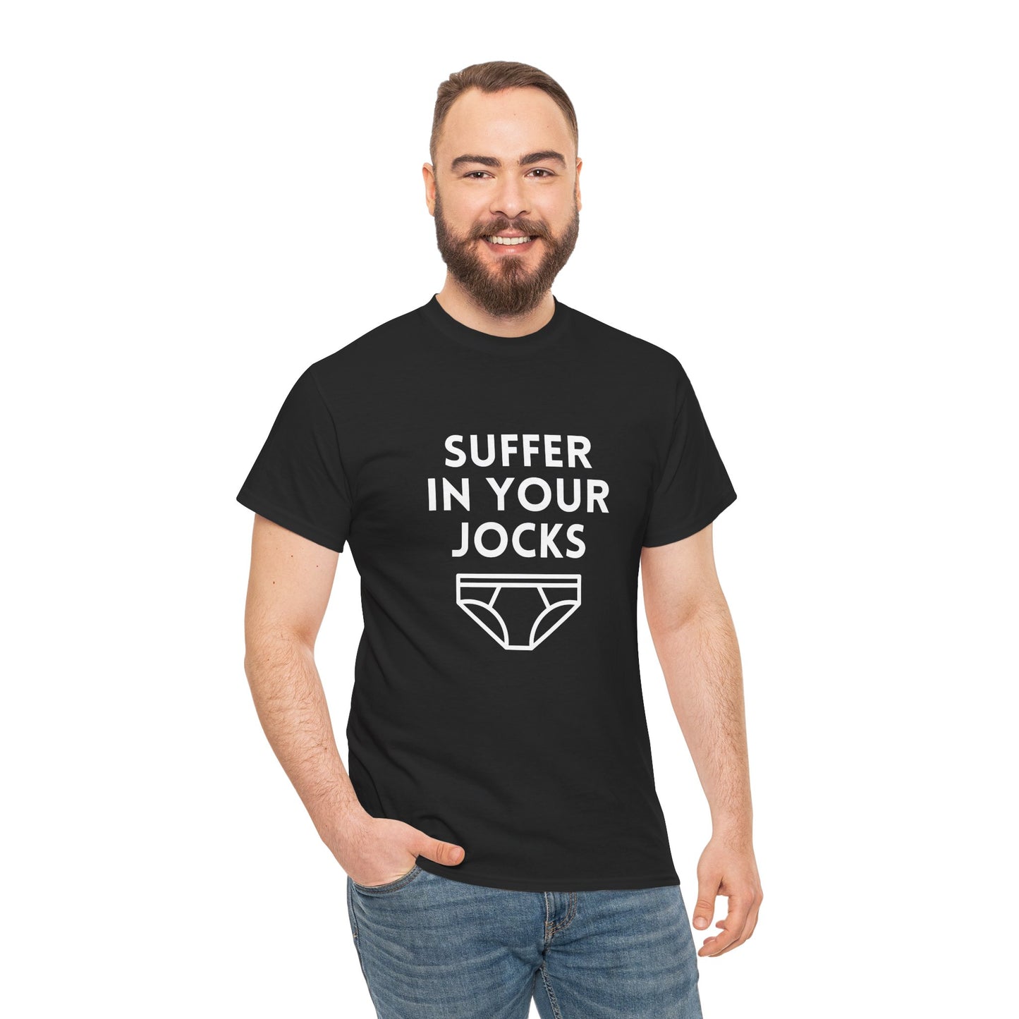 Unisex Aussie slang t-shirt with “Suffer in Your Jocks” slogan