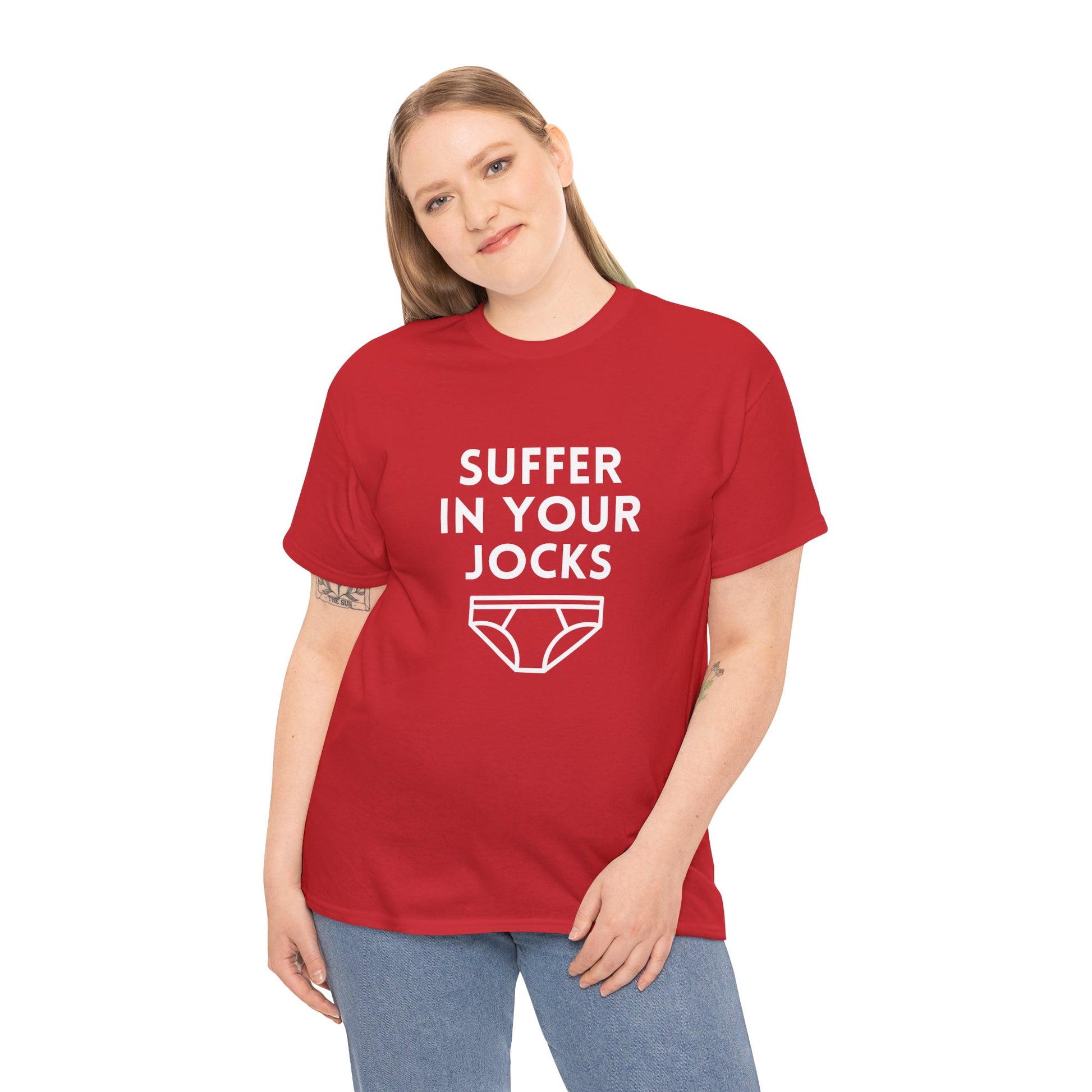 Australian pop culture t-shirt featuring “Suffer in Your Jocks”