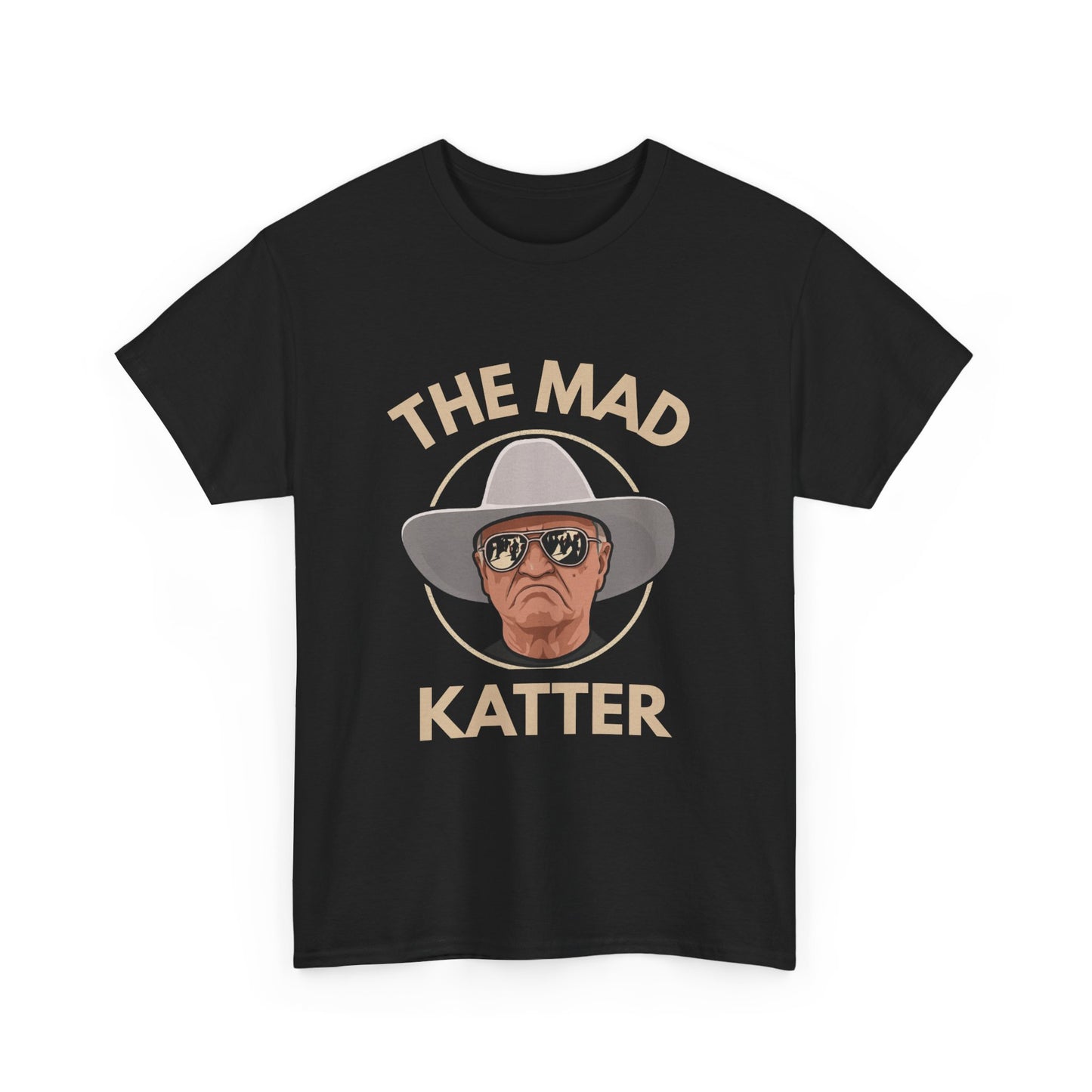 T-shirt showing a playful cartoon of Bob Katter labeled "The Mad Katter" in bold letters.