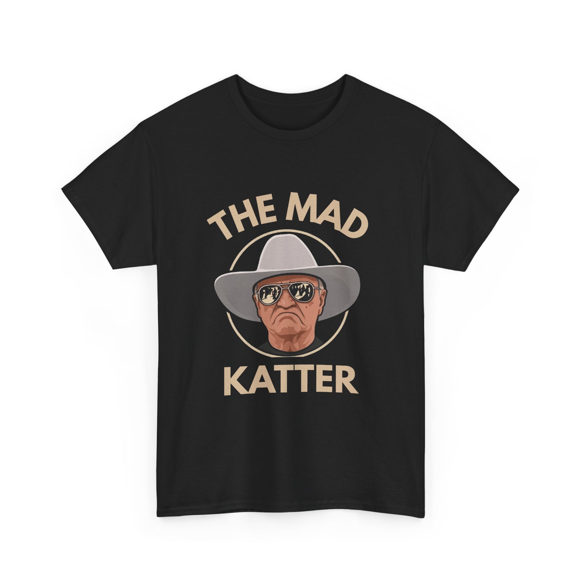 T-shirt showing a playful cartoon of Bob Katter labeled "The Mad Katter" in bold letters.