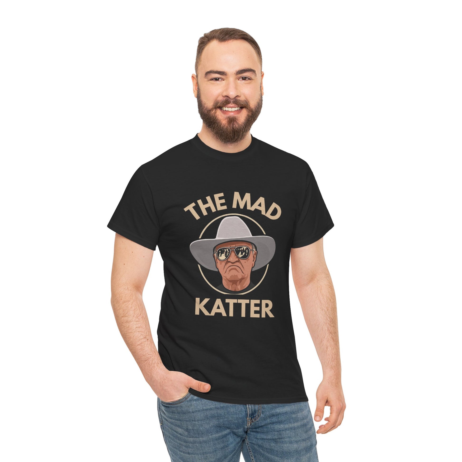 Fun and quirky Bob Katter cartoon design with "The Mad Katter" slogan tee.