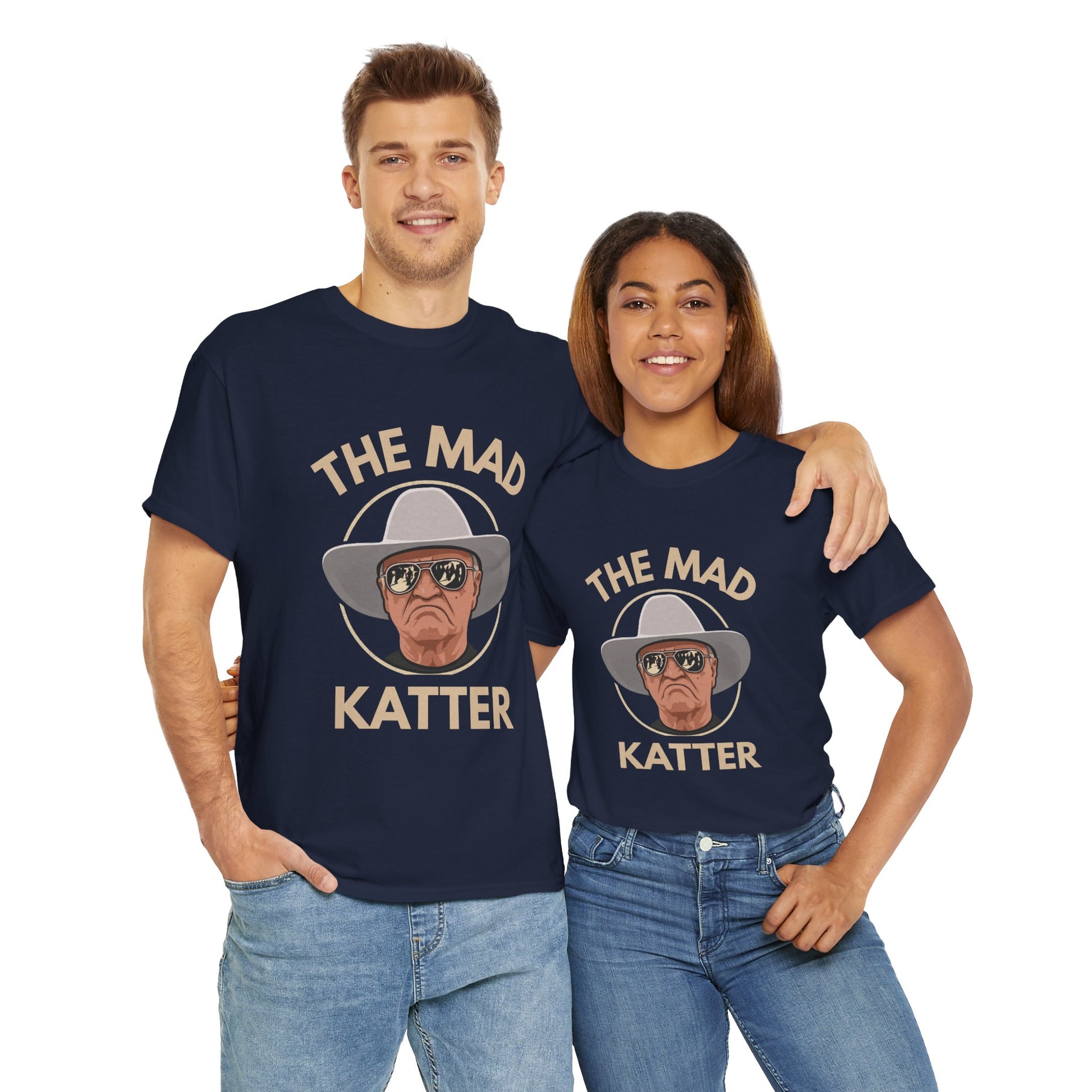 T-shirt with humorous Bob Katter cartoon and bold "The Mad Katter" caption on front.