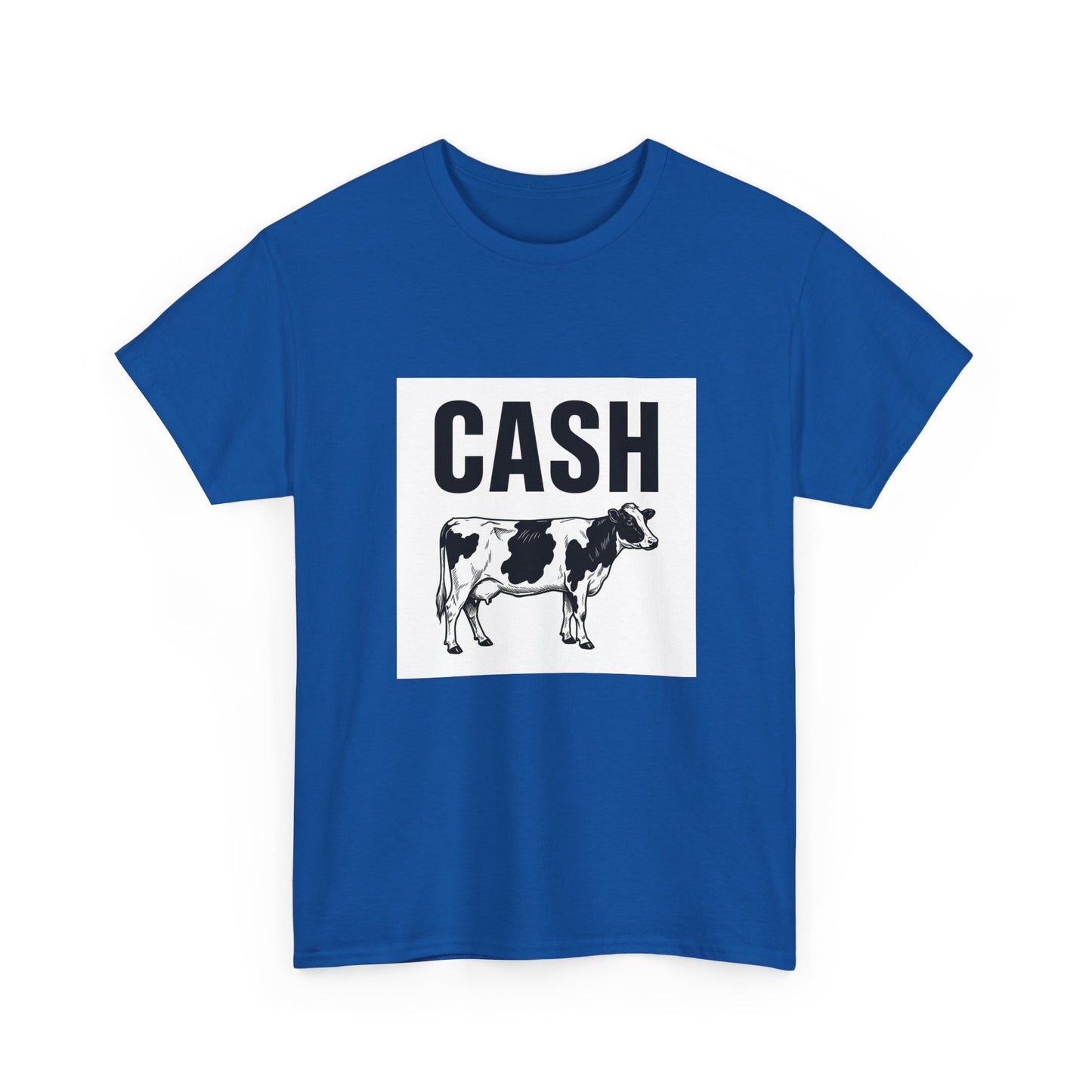 funny cash cow pun t-shirt advertising humour blue tee