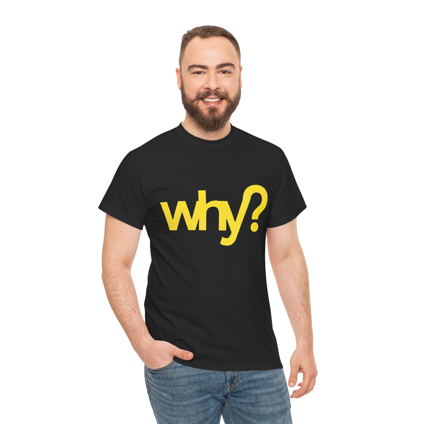 Gruen Inspired Humour Tee Saying “Why?” in Bold Print