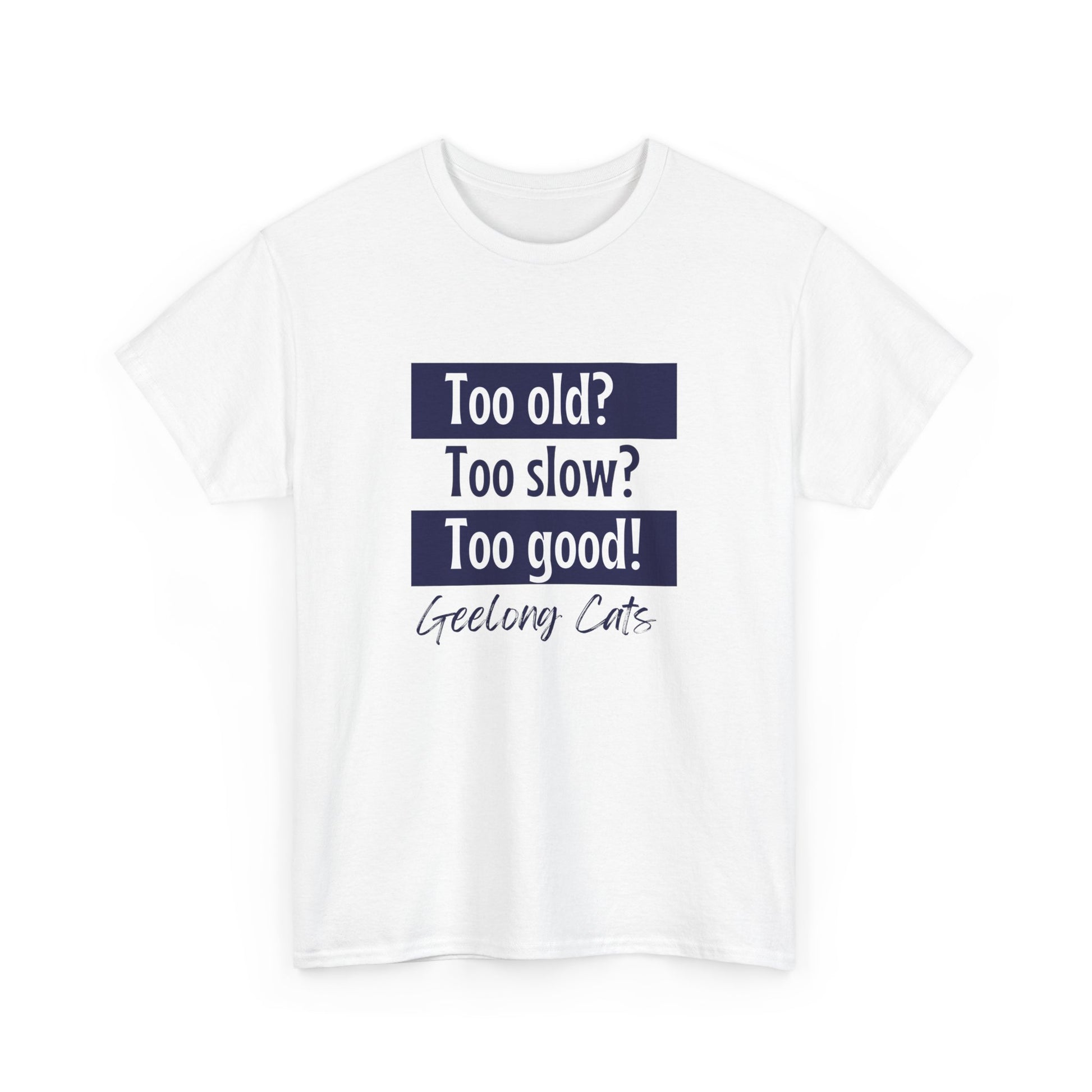 Blue and white Geelong supporter tee with iconic finals chant design