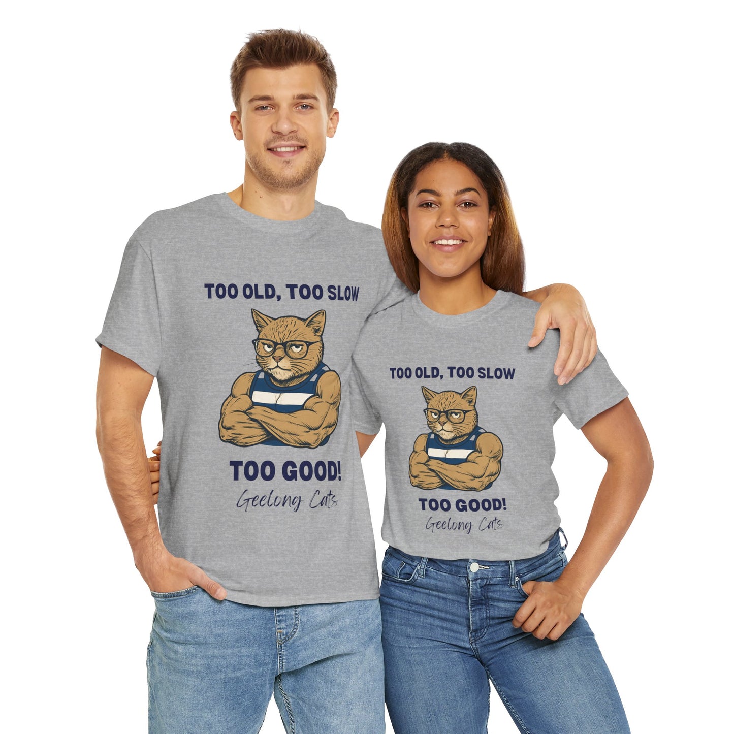 Geelong Cats game day shirt with cartoon cat illustration for outdoor barbecues