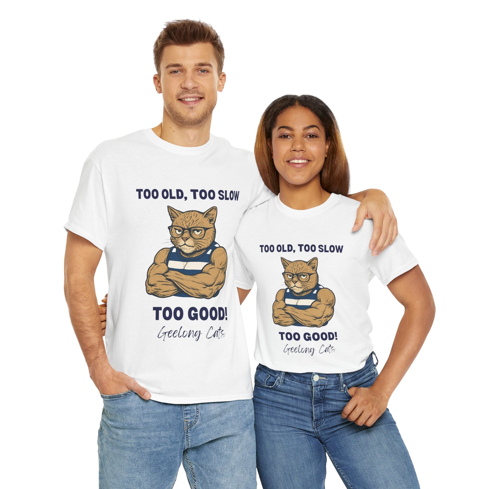 Strong cartoon cat wearing Geelong football club jumper shirt for cheering at the stadium