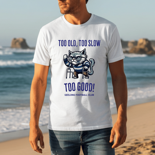 Cheeky Geelong Cats fan tee proving experience and teamwork never go out of style