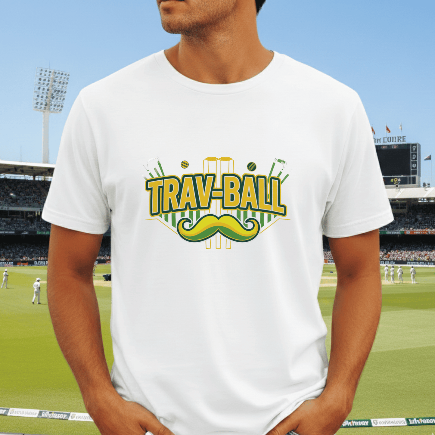 Trav-Ball t-shirt with moustache graphic in Australian cricket colours