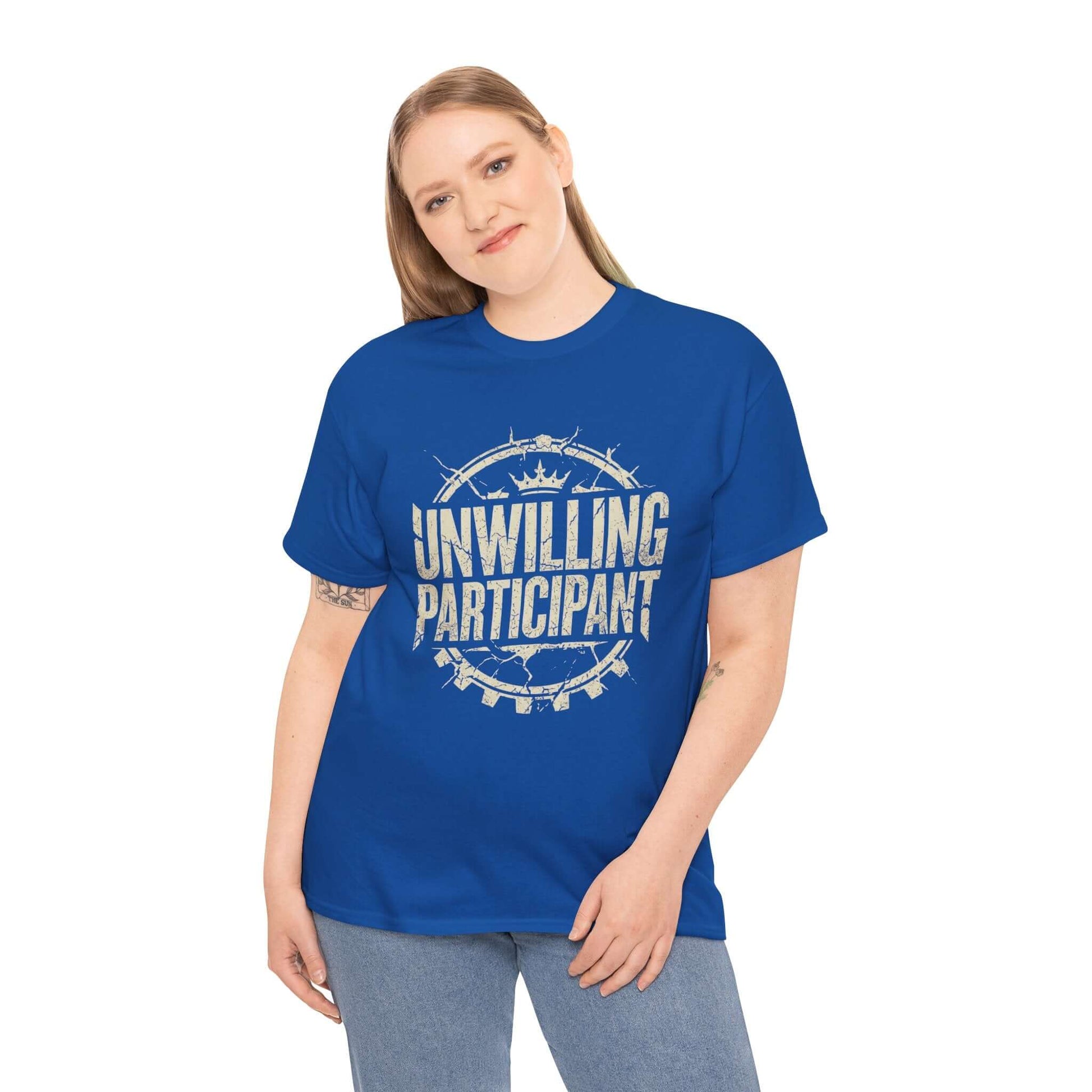 Sarcastic slogan t-shirt Unwilling Participant design for news fatigue