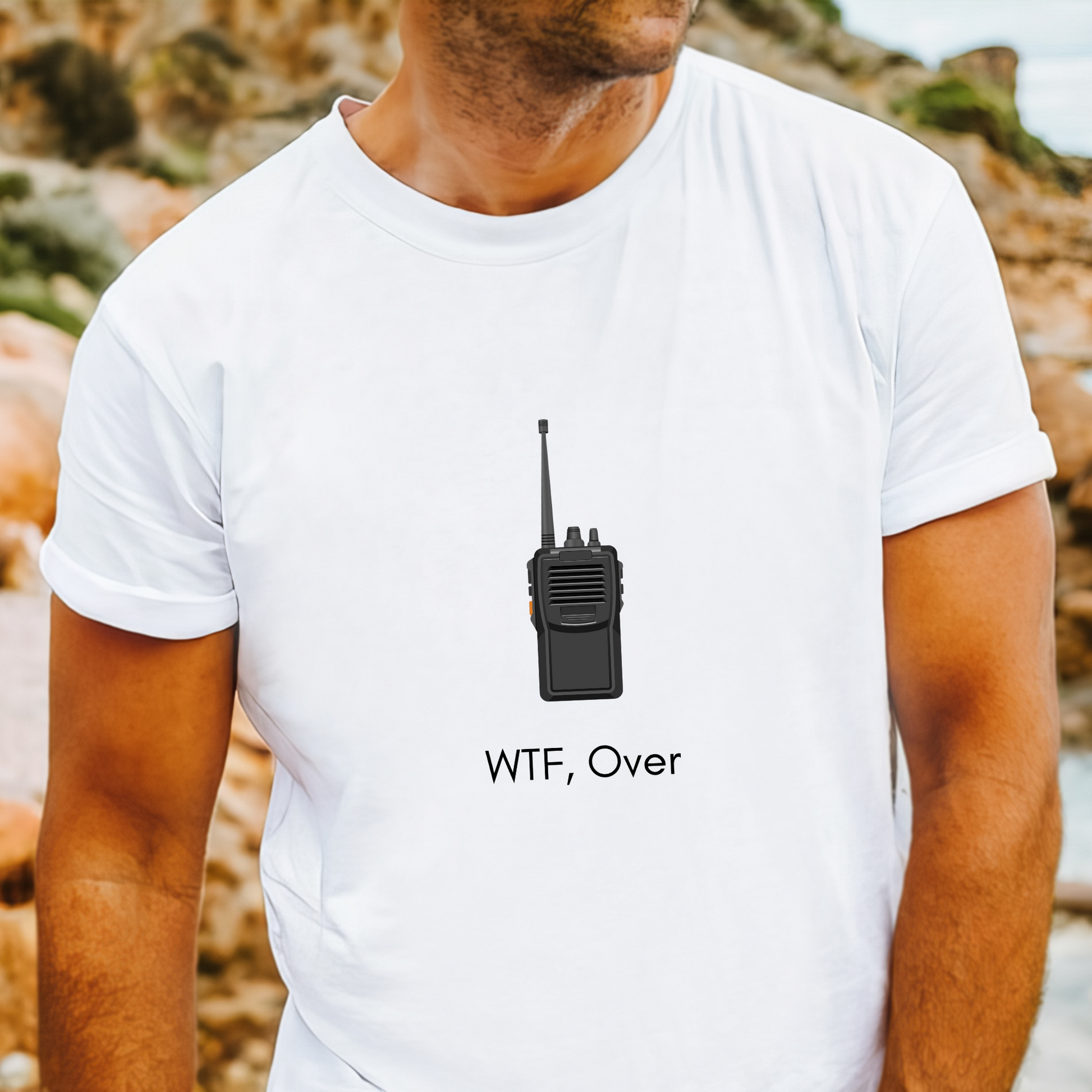 Funny radio comms t-shirt with distressed walkie-talkie print