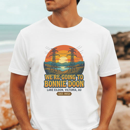 Man wearing We're Going to Bonnie Doon The Castle retro t-shirt for movie fans