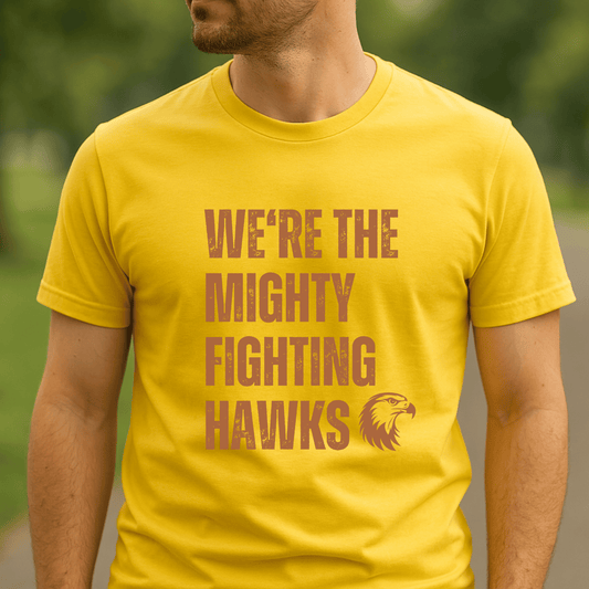 Hawthorn Hawks fans yellow and brown t-shirt with team song on