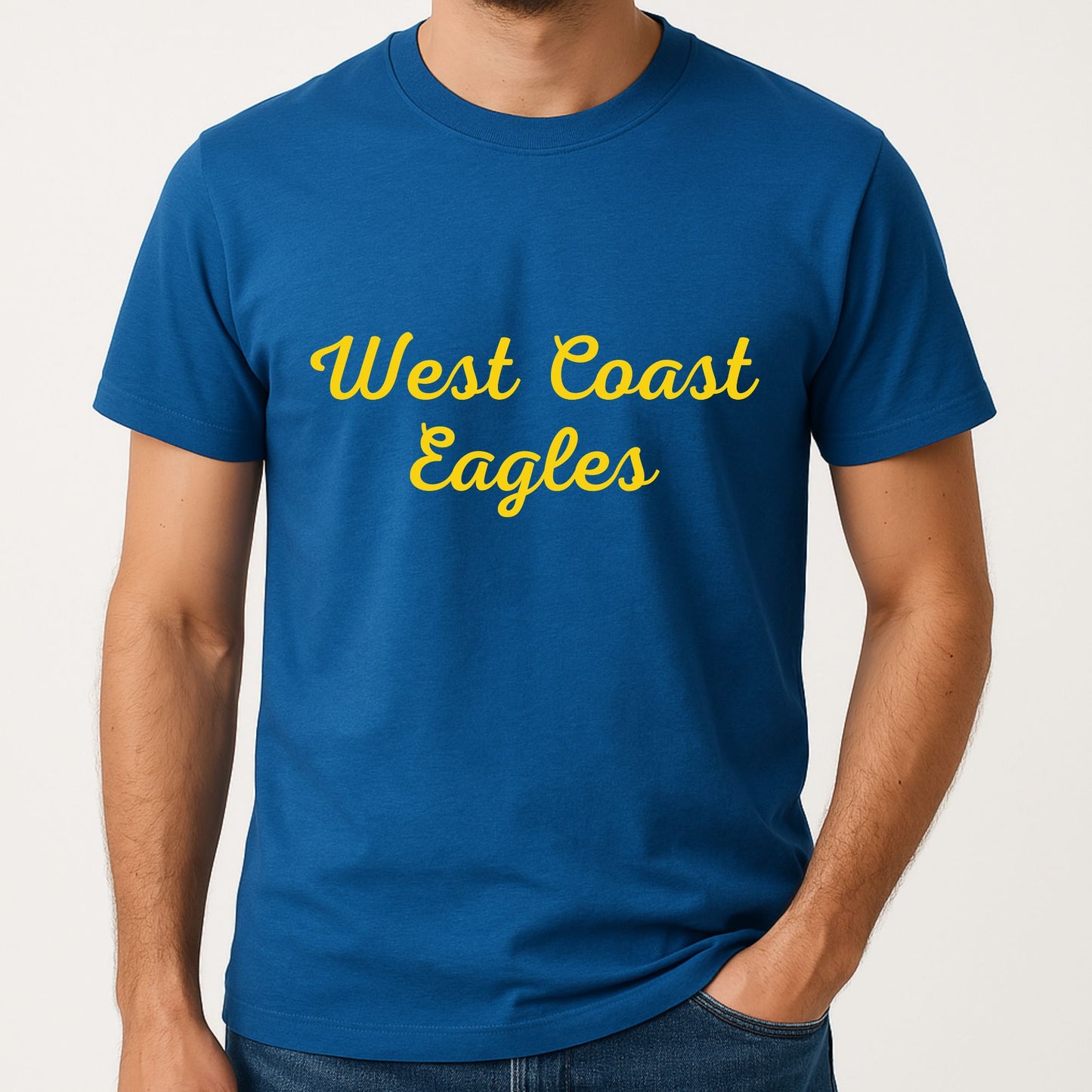 West Coast Eagles supporter man t-shirt in blue and gold team colours and stylish