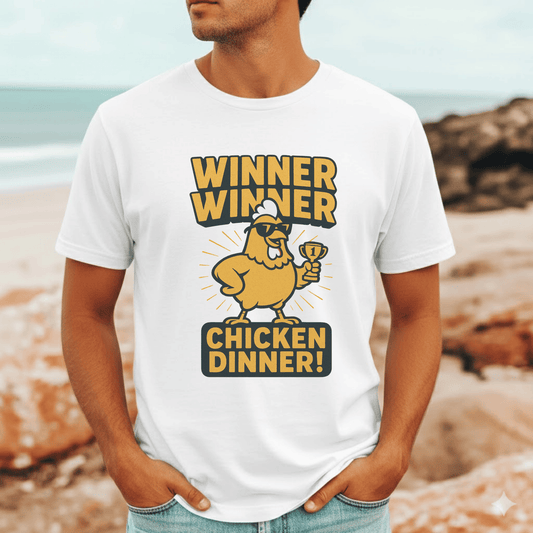 Winner Winner Chicken Dinner t-shirt with bold retro design for fun Aussie humour lovers.