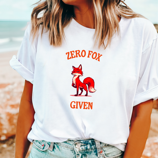 Unisex t-shirt with the phrase 'Zero Fox Given' and a cheeky cartoon fox, perfect for sarcastic humour and bold personality.