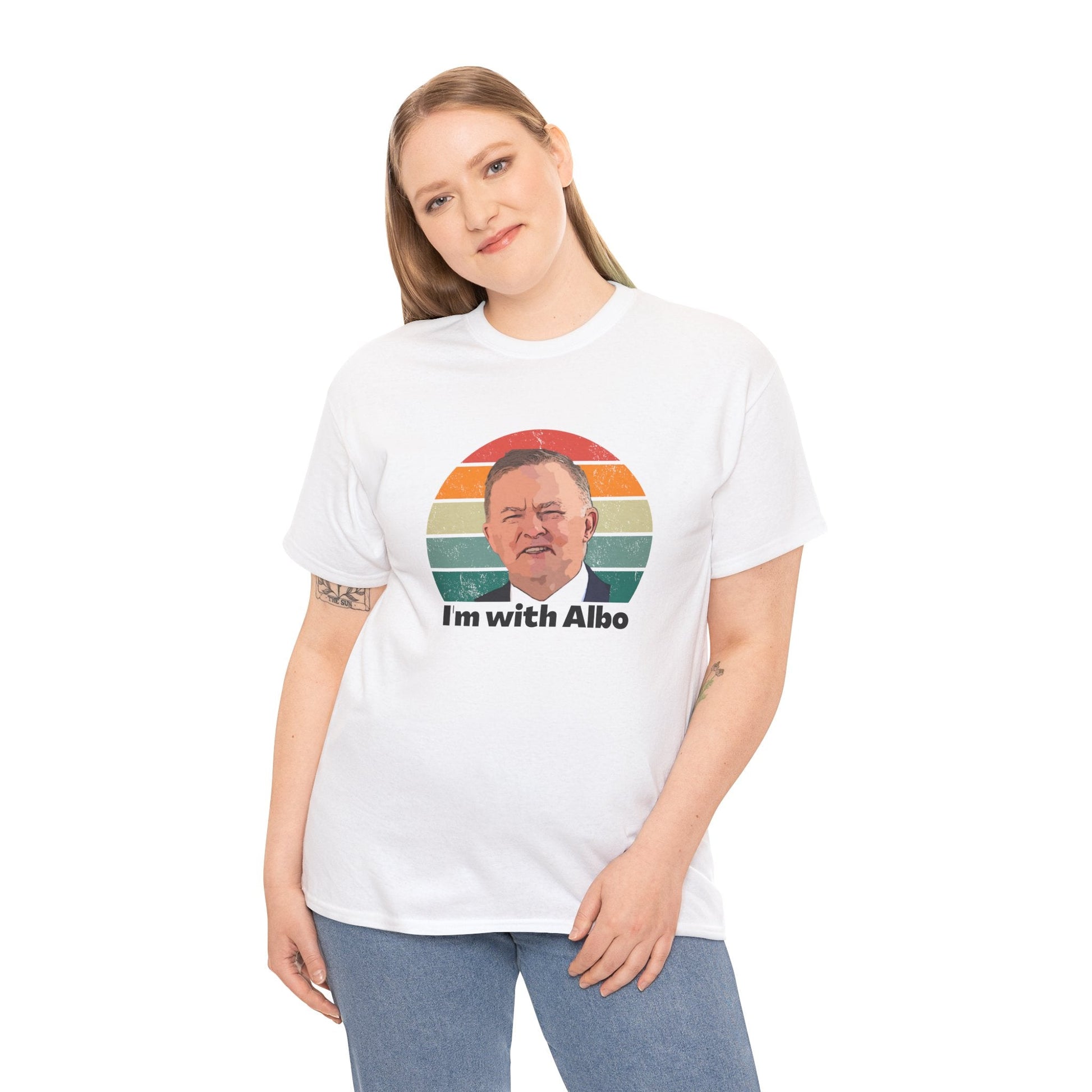 Election campaign t-shirt with 'I'm with Albo' slogan, ideal for supporters of Anthony Albanese and progressive politics