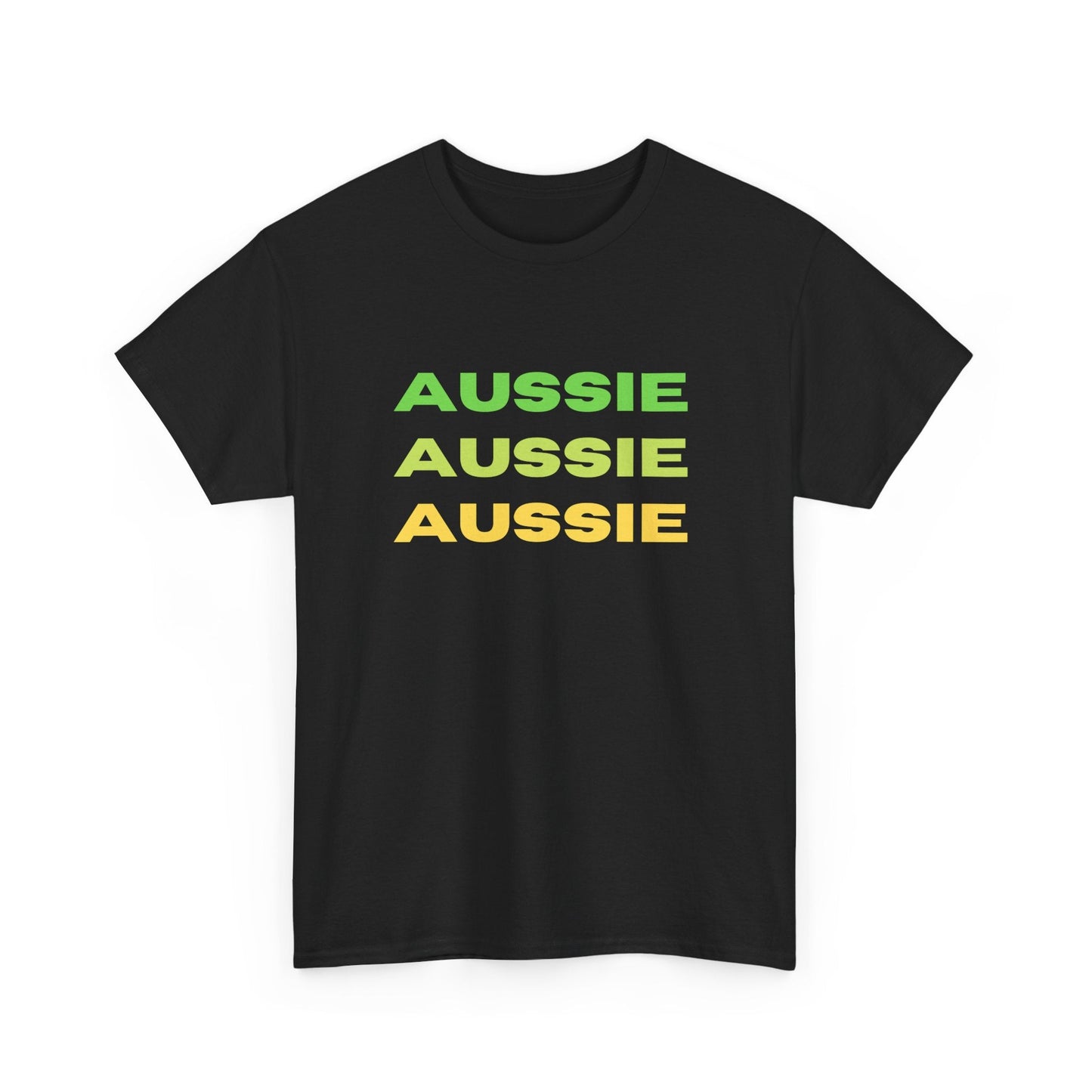 Aussie Aussie Aussie' t-shirt with bold text—ideal for sports lovers and anyone proud of Aussie culture and spirit!