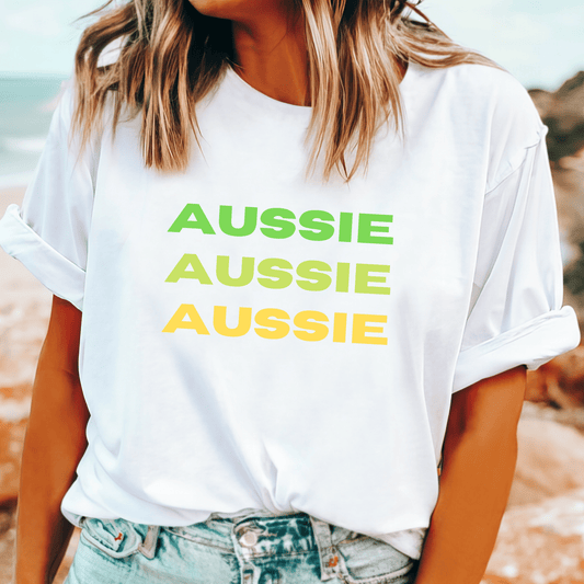 Show your Aussie pride with this 'Aussie Aussie Aussie' t-shirt—perfect for fans of Australian culture and the iconic cheer!