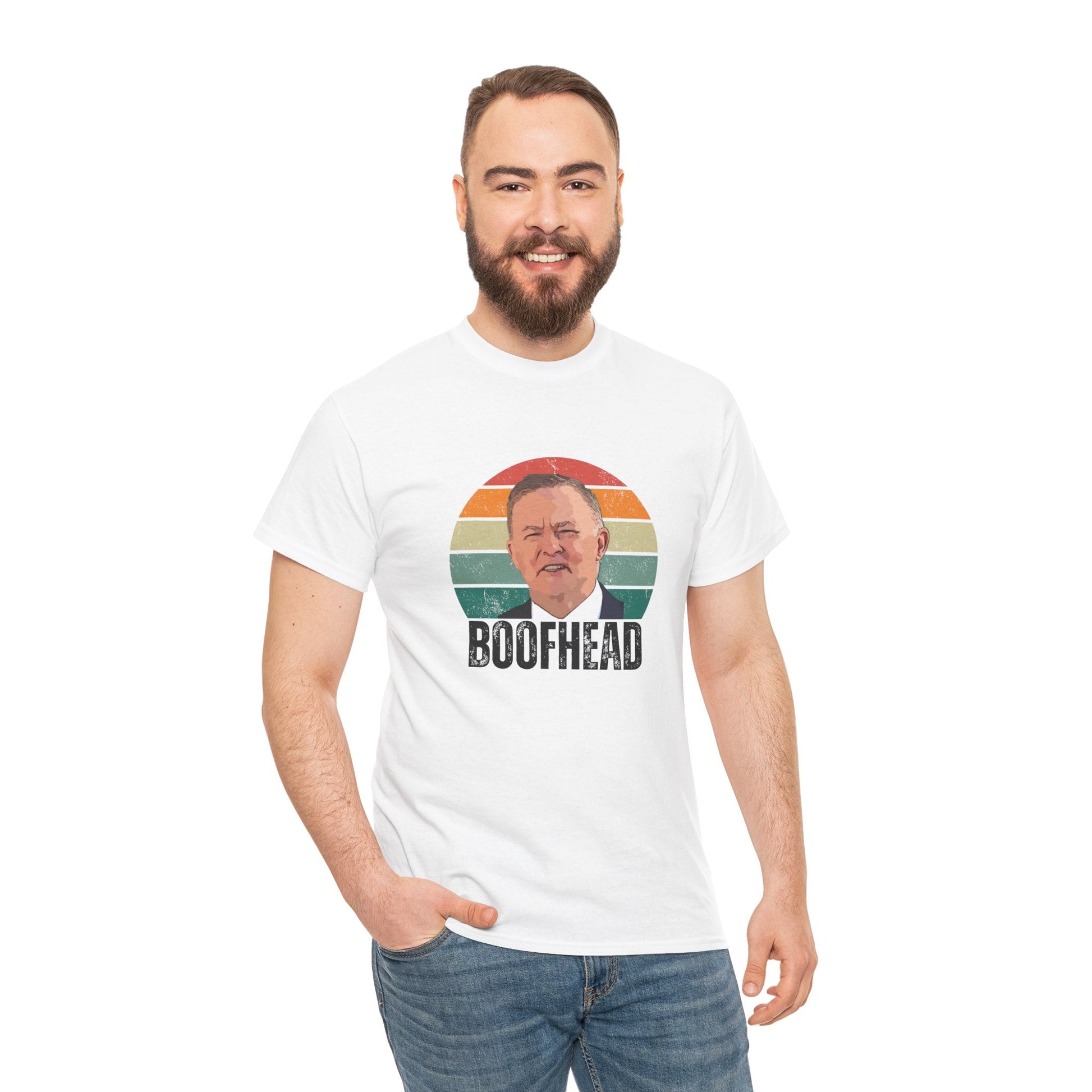 Boofhead' Anthony Albanese t-shirt, referencing his cheeky remark to Peter Dutton—great for political enthusiasts