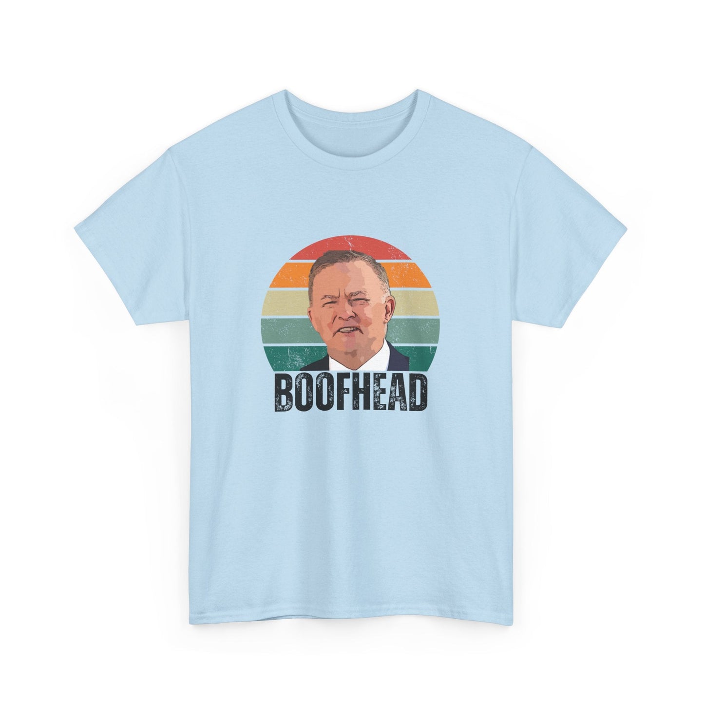 Political humour t-shirt with 'Boofhead' and Anthony Albanese, perfect for fans of Aussie banter and satire.
