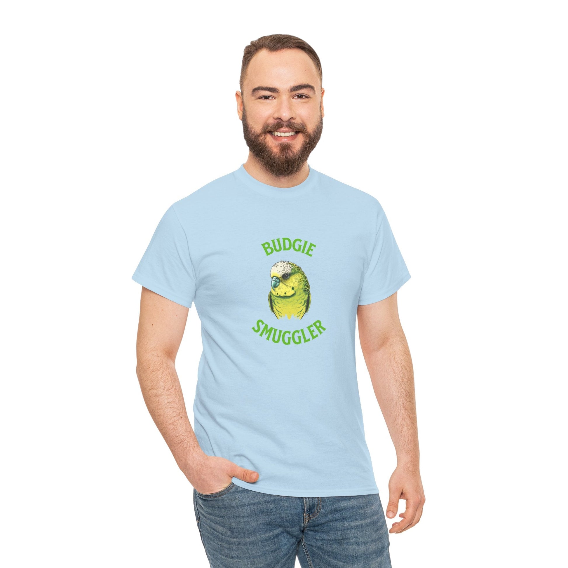 Aussie novelty t-shirt with "Budgie Smuggler" and cheeky bird design