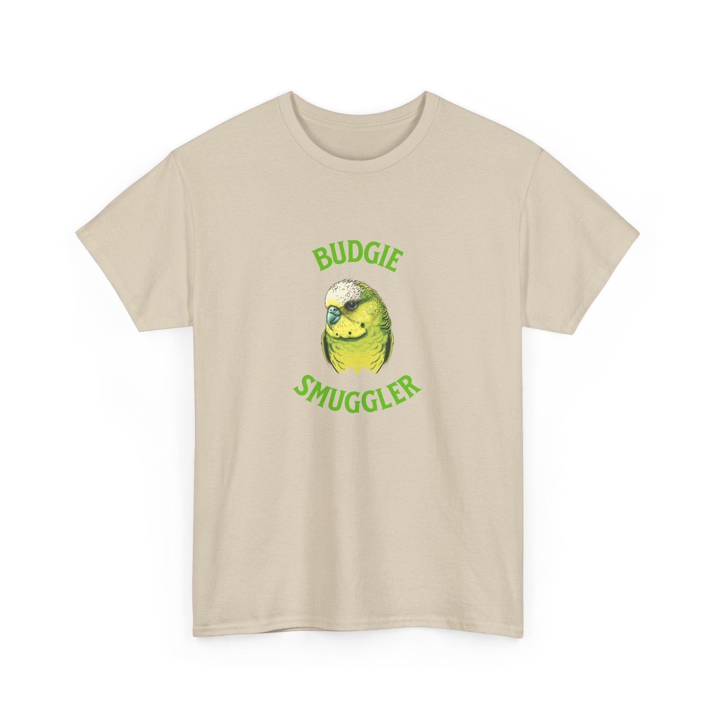 Bold text tee with playful budgie and Aussie humour phrase