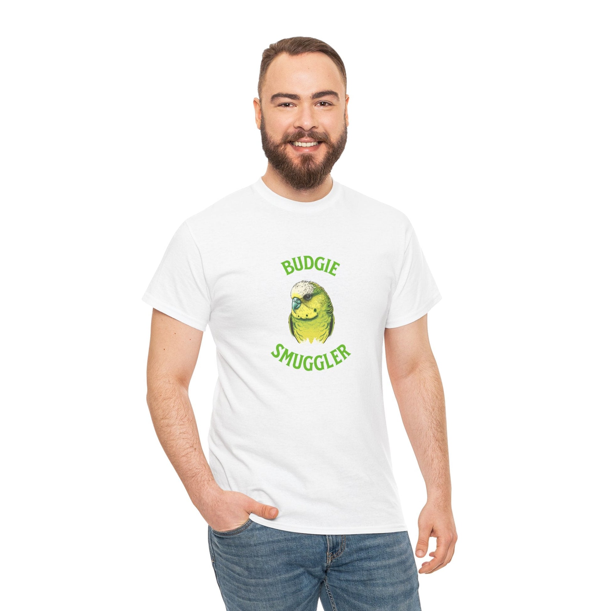 Humorous Australian t-shirt with budgie drawing and iconic slang