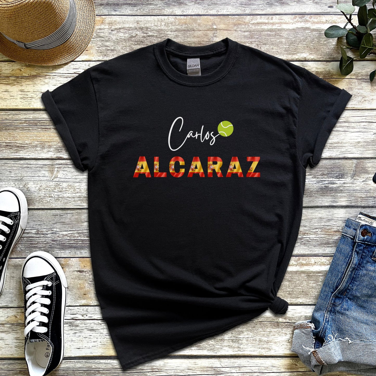 Carlos Alcaraz t-shirt with Spanish flag colours and tennis ball graphic