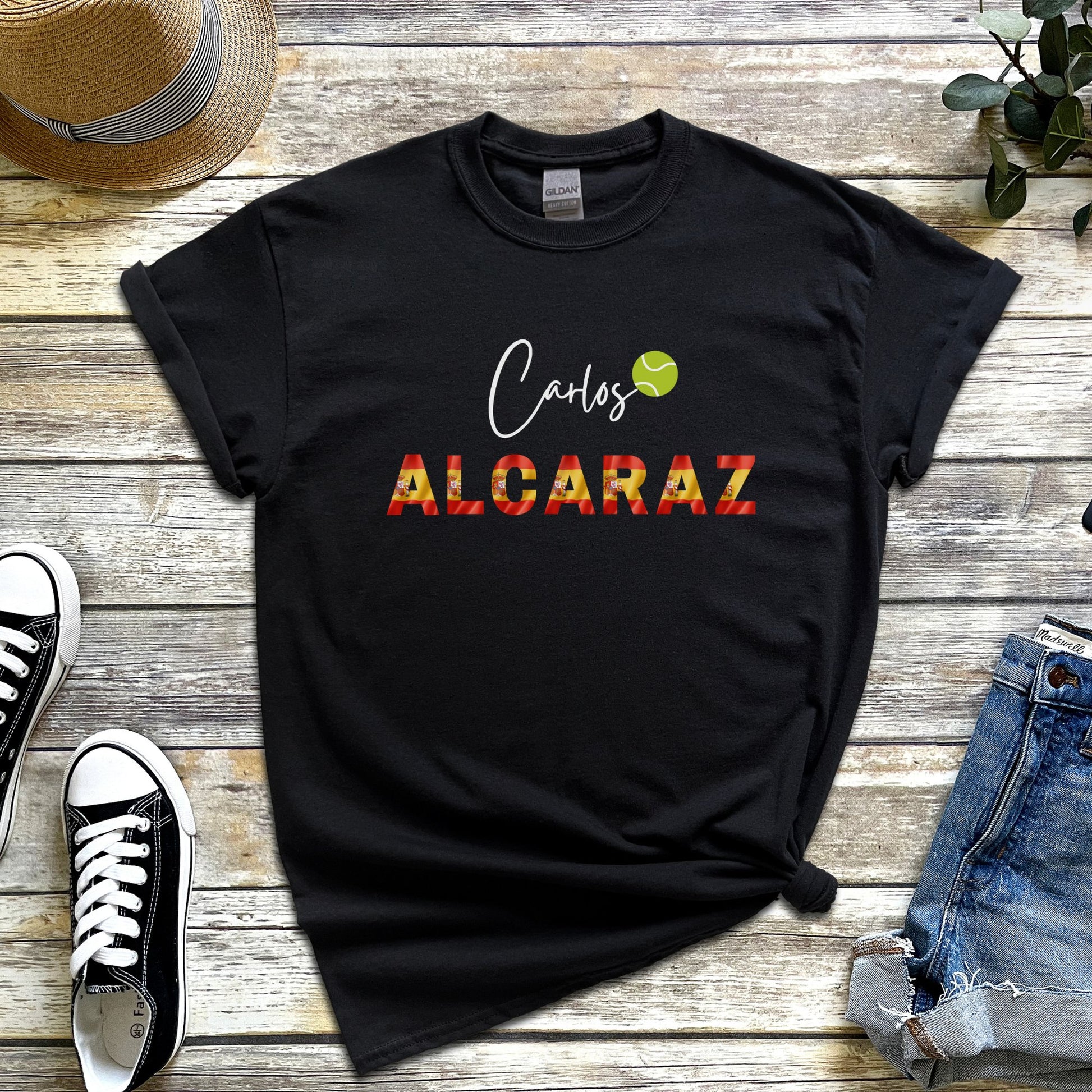 Carlos Alcaraz t-shirt with Spanish flag colours and tennis ball graphic