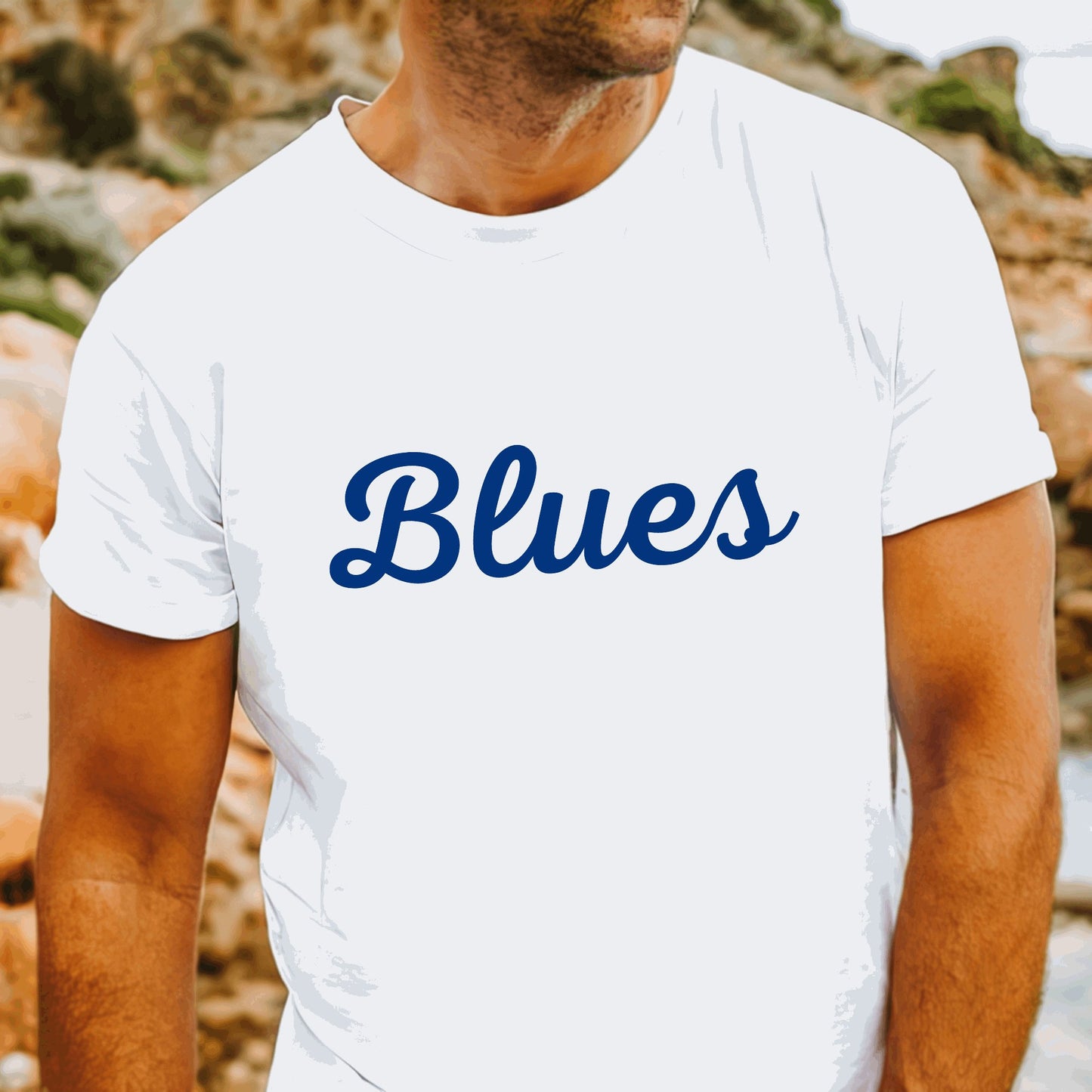 Carlton AFL t-shirt with bold Blues text in navy blue and white