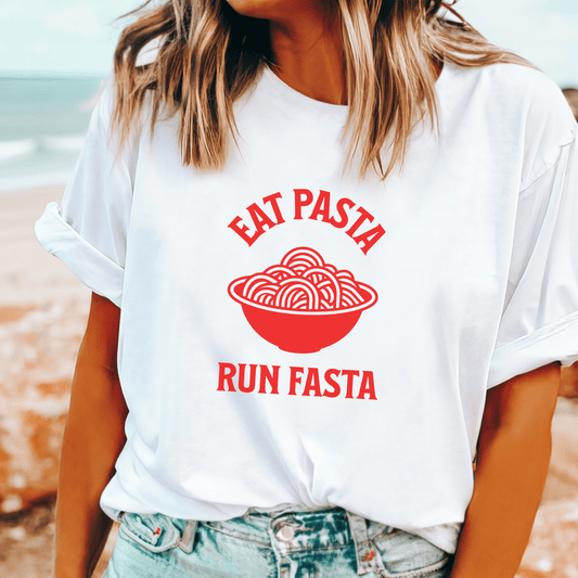 Eat Pasta Run Fasta’ t-shirt for pasta lovers and runners, combining fitness and food in one fun design