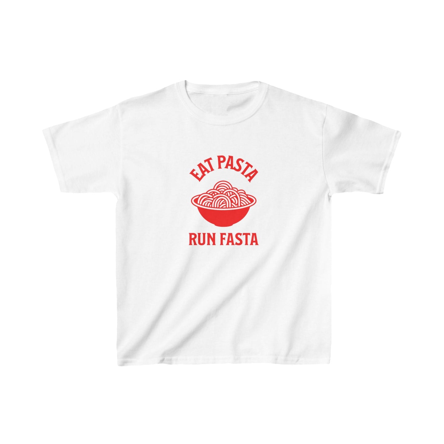 Playful Eat Pasta, Run Fasta shirt perfect for active, pasta-loving kids