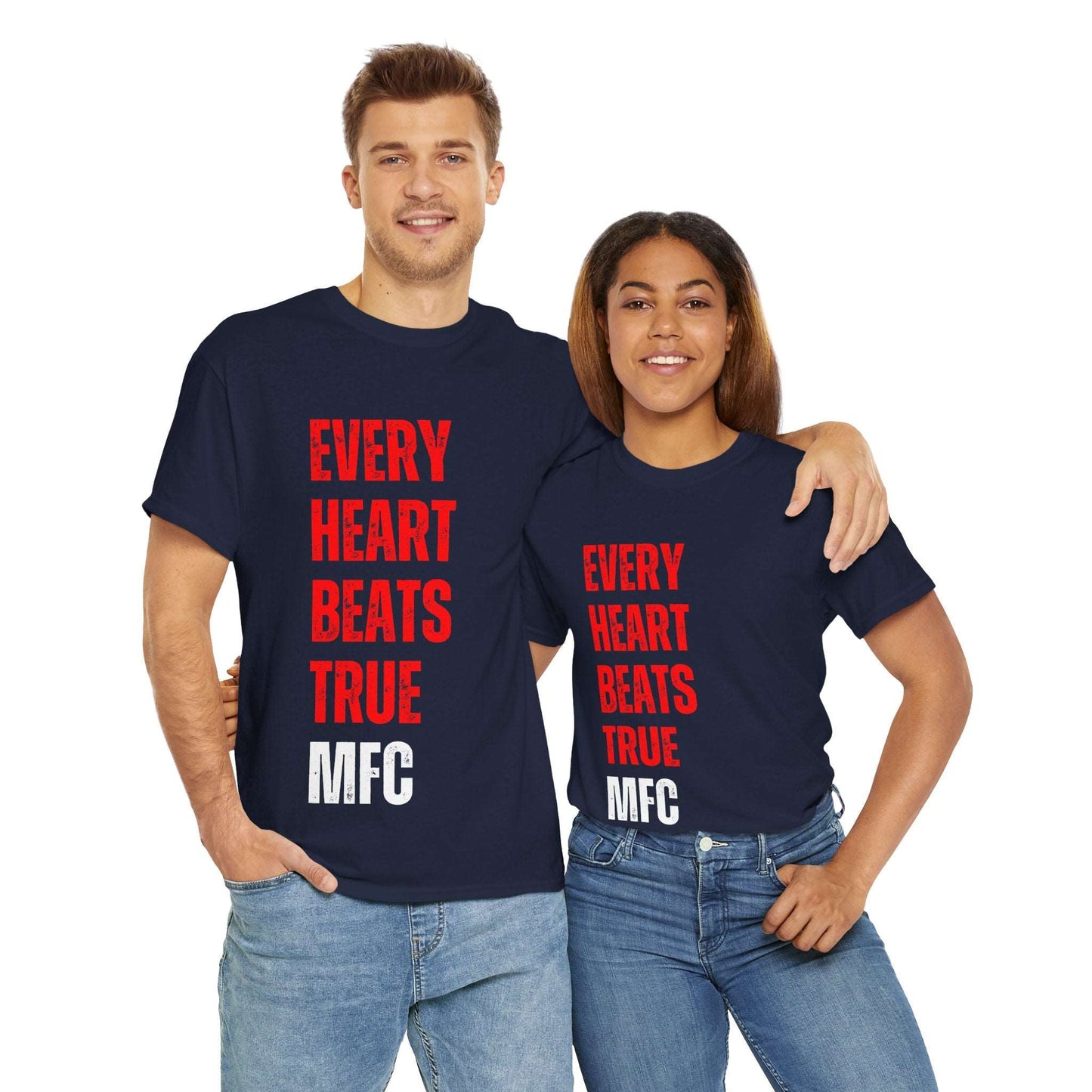 Melbourne AFL team t-shirt with Every Heart Beats True slogan in red and blue