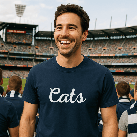 Geelong Cats AFL supporter t-shirt featuring bold 'Cats' text – perfect for footy fans showing team pride