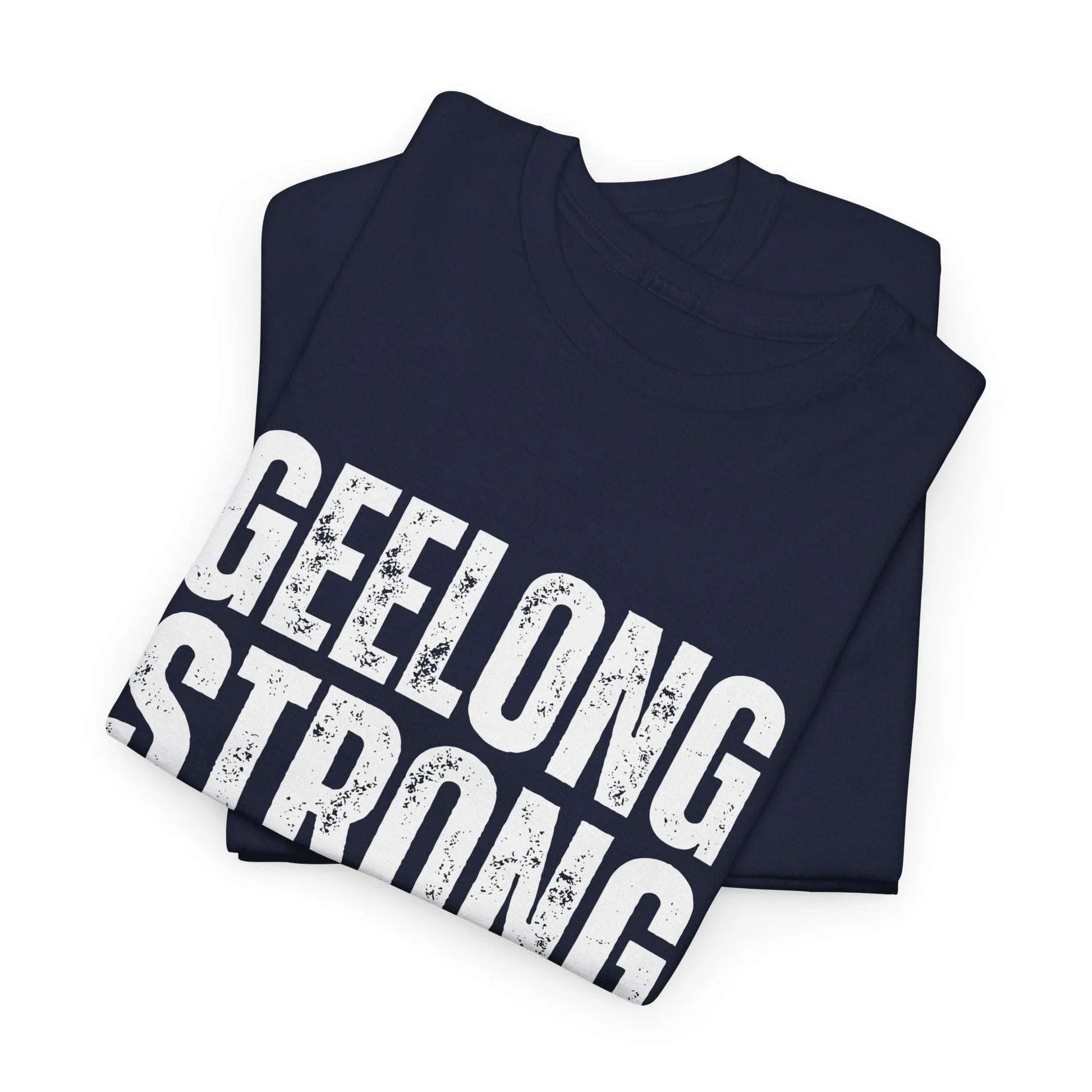 AFL supporter shirt with Geelong Strong slogan, perfect for the footy