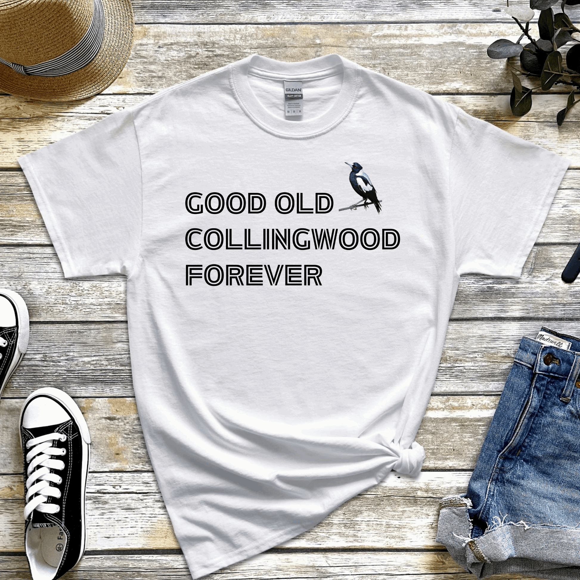 Collingwood Magpies t-shirt with Good Old Collingwood Forever slogan from club song