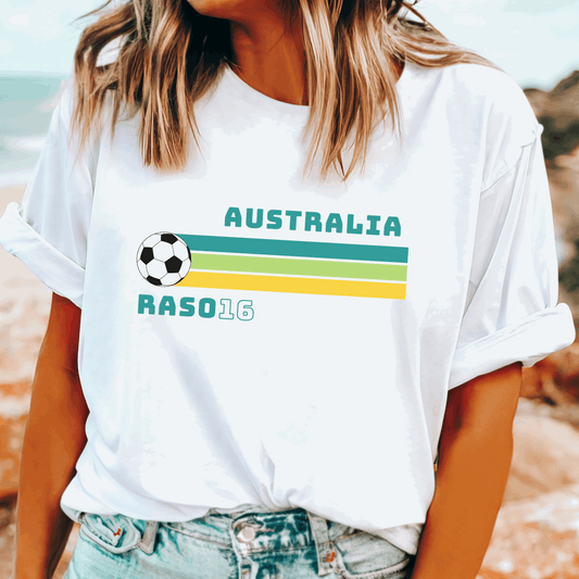 Retro Hayley Raso Matildas t-shirt with name and number, perfect for cheering at matches
